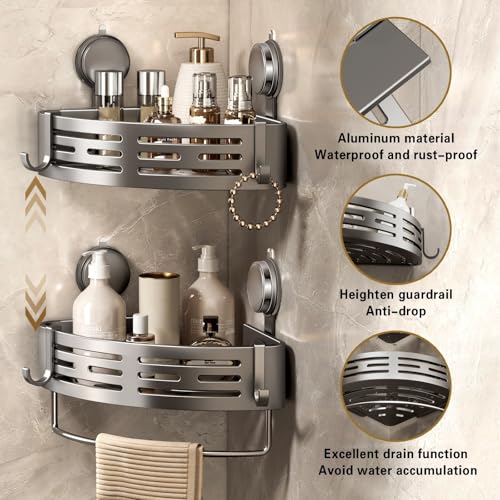 VOLPONE Shower Caddy Corner Suction Cup Shower Shelf Corner No Drilling Bathroom Shower Organizer Storage Rack Adhesive (1-Pack, gray) - style: Suction Cup Triangle with Towel bar 1 Tier Gray