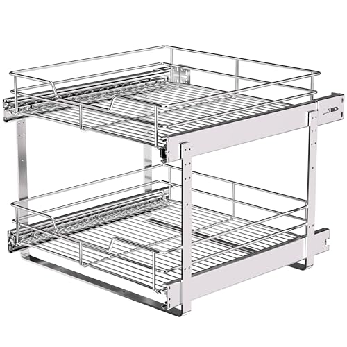 JOWBOOW 2-Tier Pull Out Cabinet Organizer (17" W x 22" D), Pull Out Shelves and Drawer for Kitchen Pantry Storage Basket, Heavy-Duty Metal Sliding Shelf, Chrome Finish - size: 17 x 22 Inch
