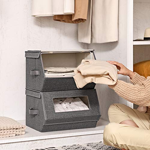 SONGMICS Stackable Storage Bins Set of 2, Storage Boxes with Lids and Front Windows, Non-Woven Fabric Closet Organizers with Magnetic Closures, Side Handles, Dark Gray URPLB02G - color: Dark Gray