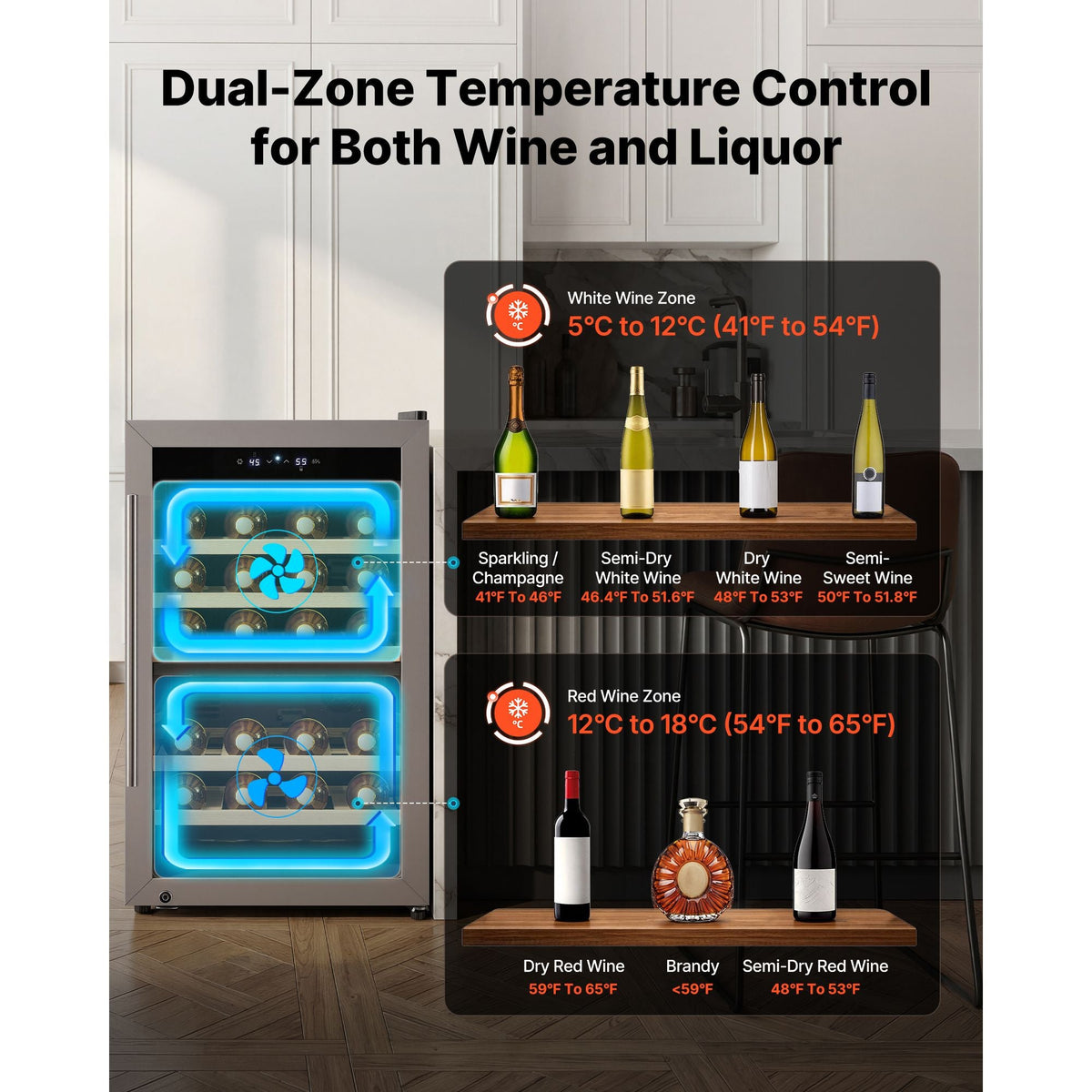 52 Bottle Wine Fridge, Freestanding Wine Cooler Refrigerator, Dual Zone Cooler, 41 F to 65 F Adjustable Temp Mini Cellar, Glass Door, For Home Office Bar, Red White Champagne or Sparkling Wines