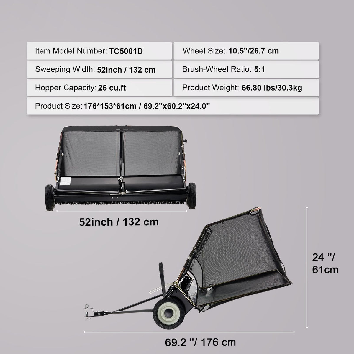 52-inch Lawn Sweeper Tow Behind, 26 cu.ft. Large Pull Behind Grass Sweeper, Heavy Duty Leaf & Grass Collector with Dumping Rope Design, Adjustable Sweeping Height for Picking Up Debris & Grass