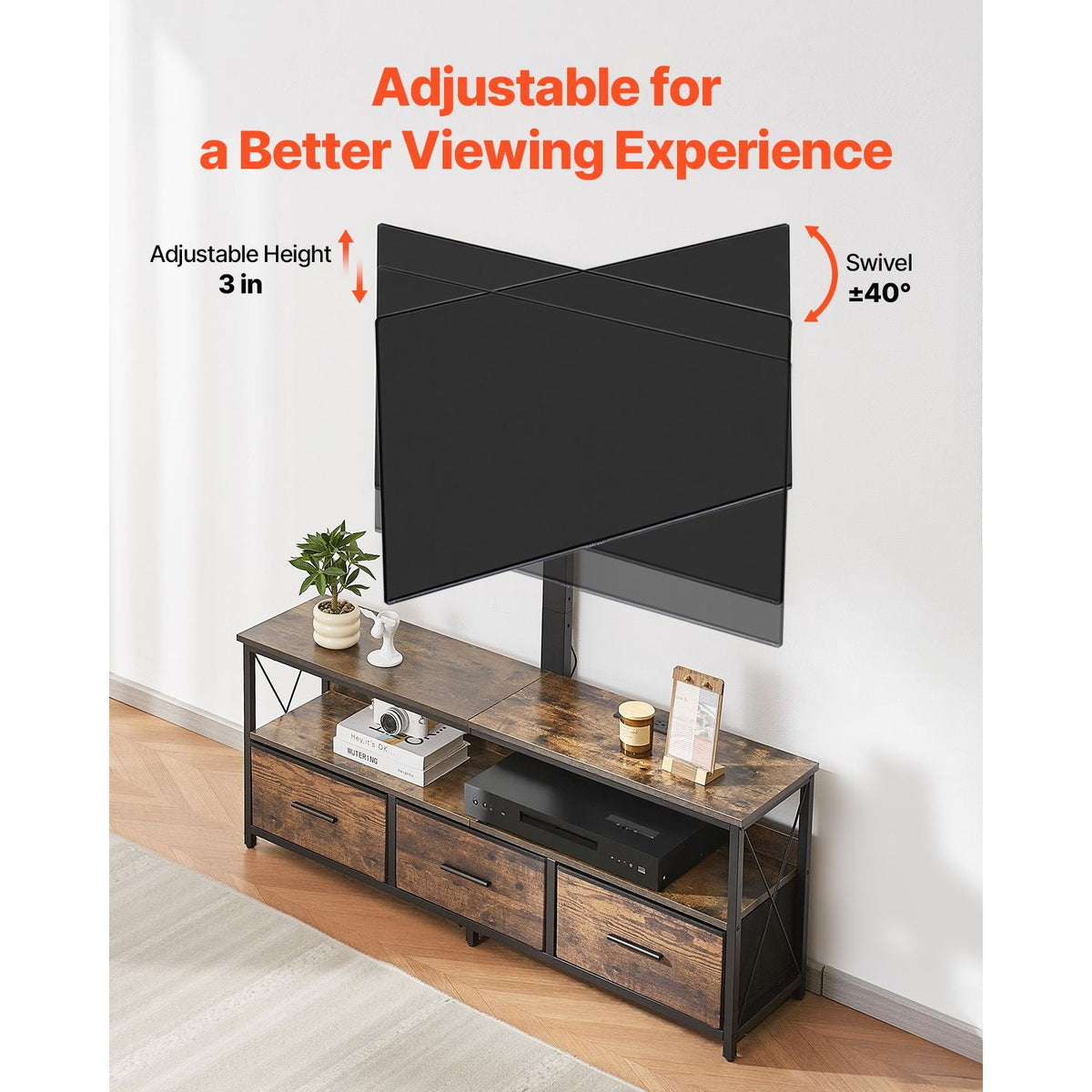 52" TV Stand with Mount for up to 75 in TVs, Entertainment Center with Power Outlet & LED Lights, Height Adjustable TV Console with Mount with 3 Drawers for Bedroom, Living Room, Brown