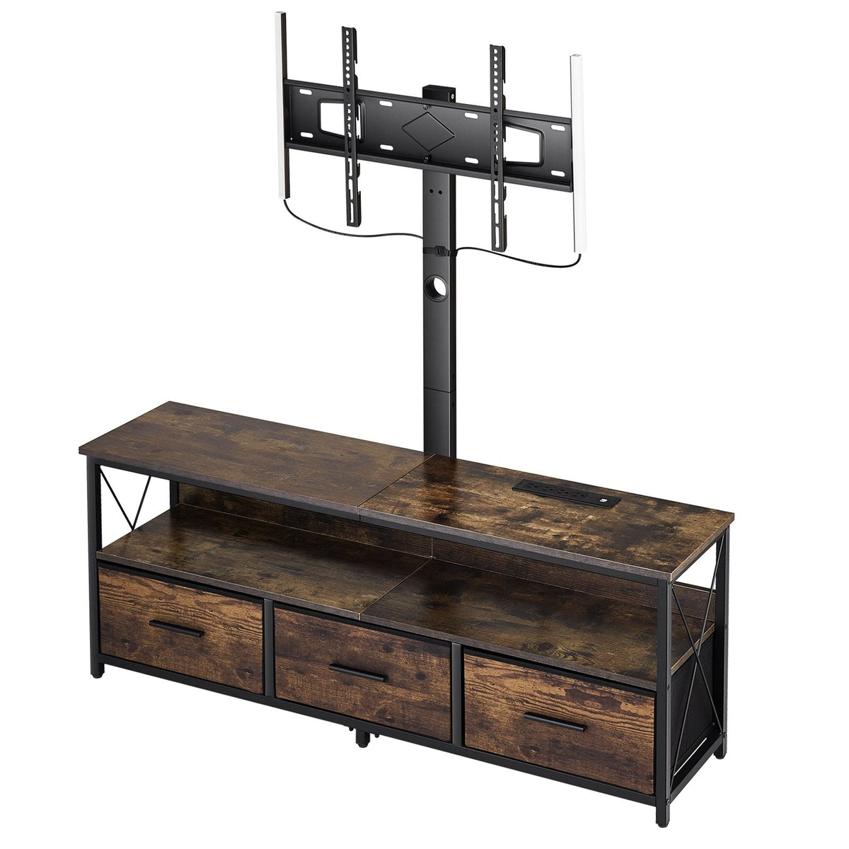 52" TV Stand with Mount for up to 75 in TVs, Entertainment Center with Power Outlet & LED Lights, Height Adjustable TV Console with Mount with 3 Drawers for Bedroom, Living Room, Brown