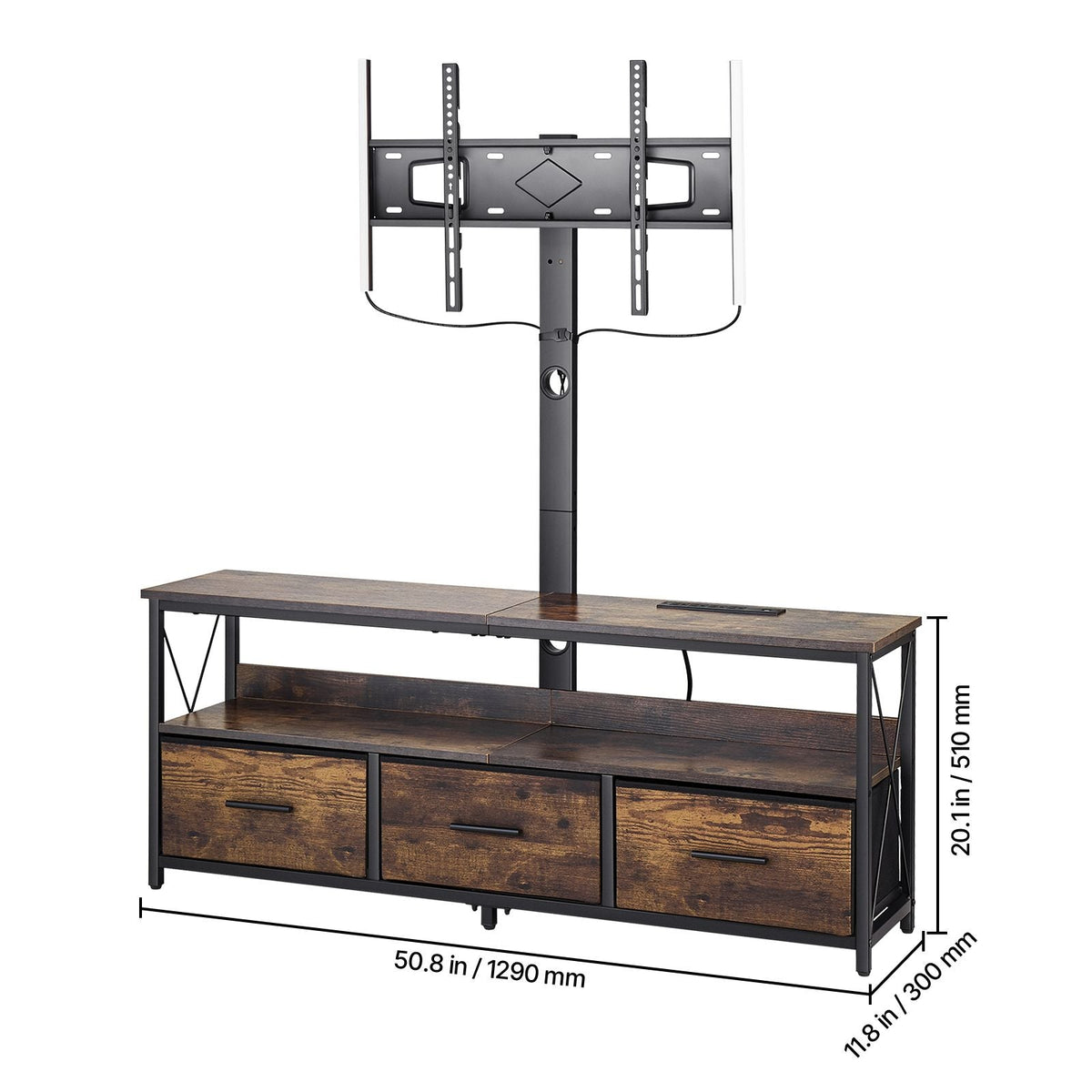 52" TV Stand with Mount for up to 75 in TVs, Entertainment Center with Power Outlet & LED Lights, Height Adjustable TV Console with Mount with 3 Drawers for Bedroom, Living Room, Brown
