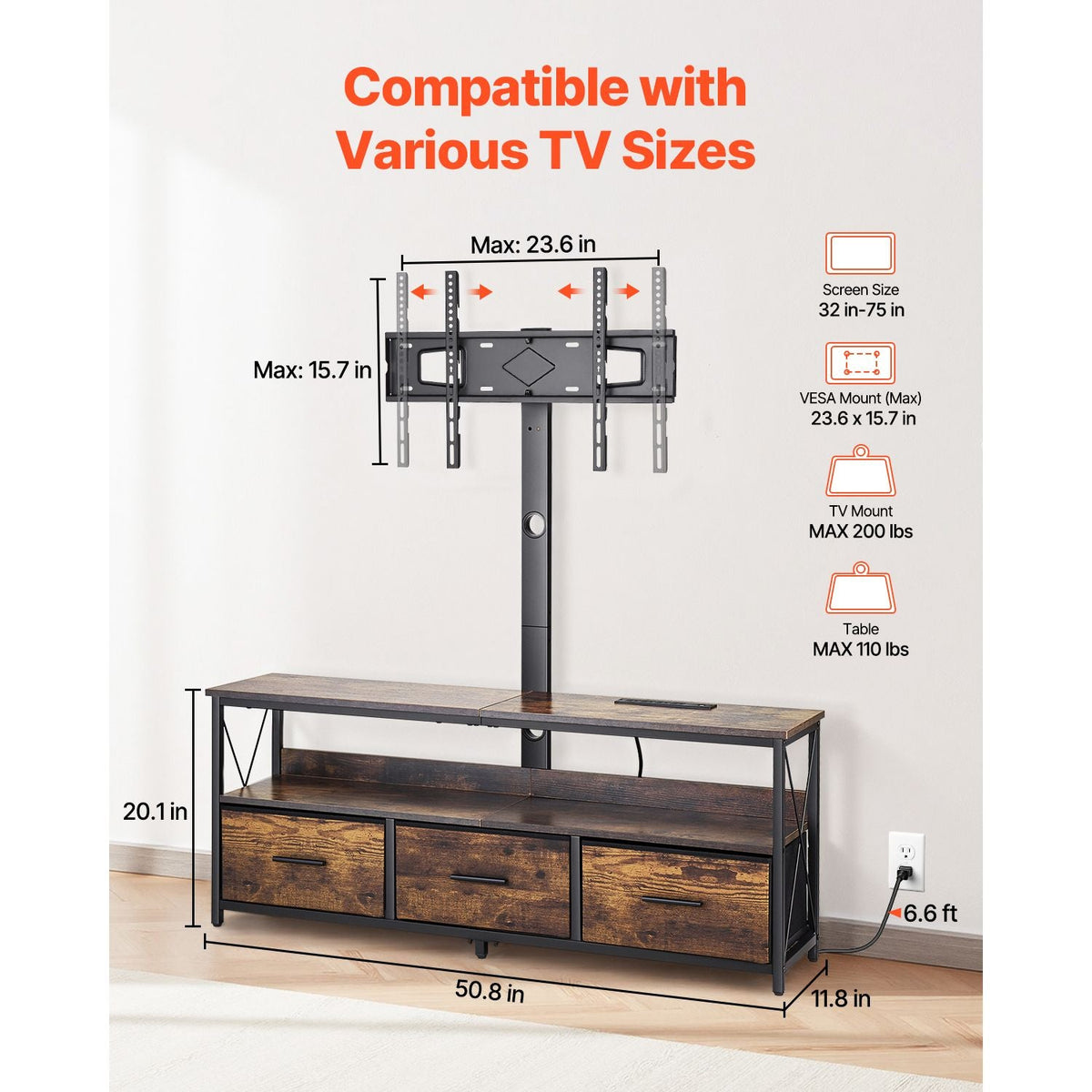 52" TV Stand with Mount for up to 75 in TVs, Entertainment Center with Power Outlet & LED Lights, Height Adjustable TV Console with Mount with 3 Drawers for Bedroom, Living Room, Brown