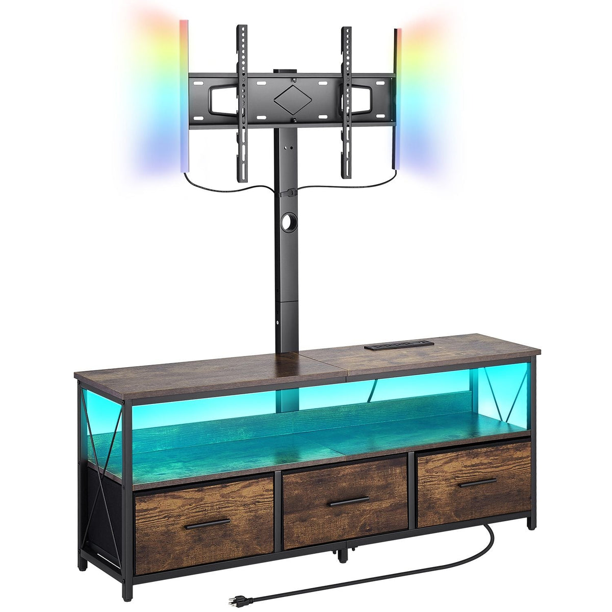 52" TV Stand with Mount for up to 75 in TVs, Entertainment Center with Power Outlet & LED Lights, Height Adjustable TV Console with Mount with 3 Drawers for Bedroom, Living Room, Brown
