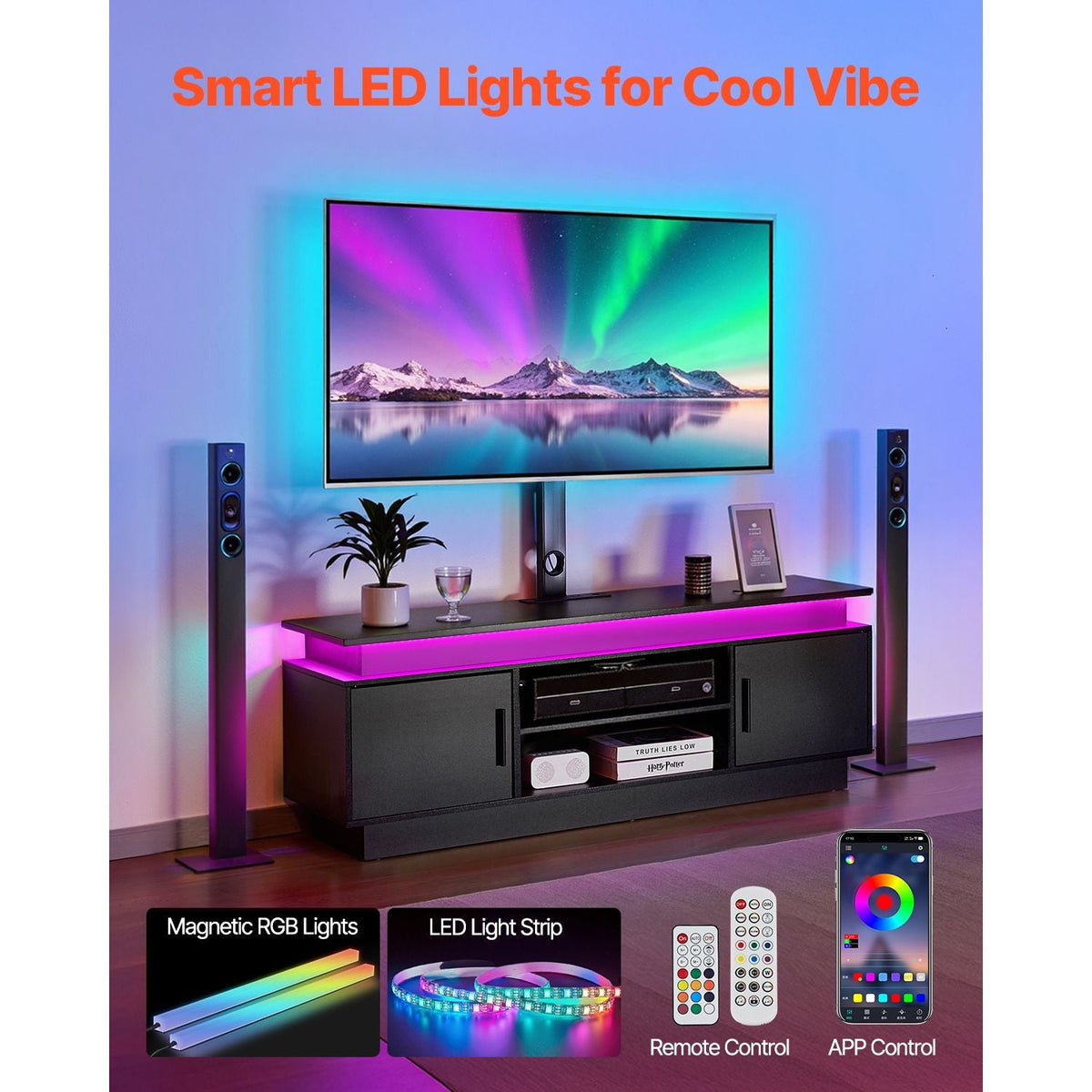52" TV Stand with Mount for up to 75 in TVs, Entertainment Center with Power Outlet & LED Lights, Height Adjustable TV Console with Mount with 3 Tiers Storage Cabinets for Bedroom, Living Room