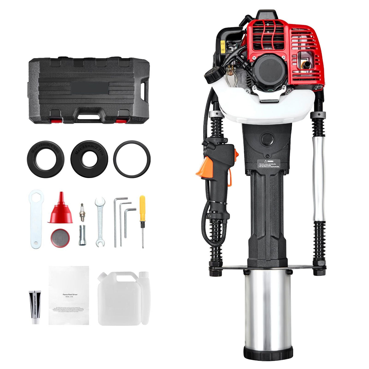 52cc Gas-Powered T Post Driver, 2-Stroke Engine Gasoline Fence Piling Pounder, 1300W Portable Piledriver with 3 Post Driving Head(49/69/100 mm) , For Farm, Ranch Fencing, Road Improvements