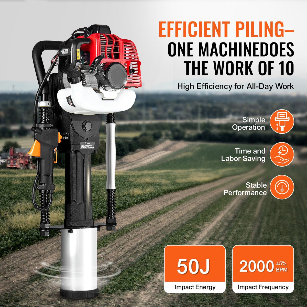 52cc Gas-Powered T Post Driver, 2-Stroke Engine Gasoline Fence Piling Pounder, 1300W Portable Piledriver with 3 Post Driving Head(49/69/100 mm) , For Farm, Ranch Fencing, Road Improvements