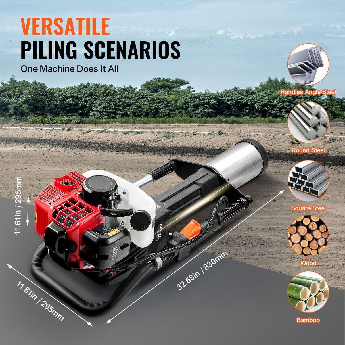 52cc Gas-Powered T Post Driver, 2-Stroke Engine Gasoline Fence Piling Pounder, 1300W Portable Piledriver with 3 Post Driving Head(49/69/100 mm) , For Farm, Ranch Fencing, Road Improvements