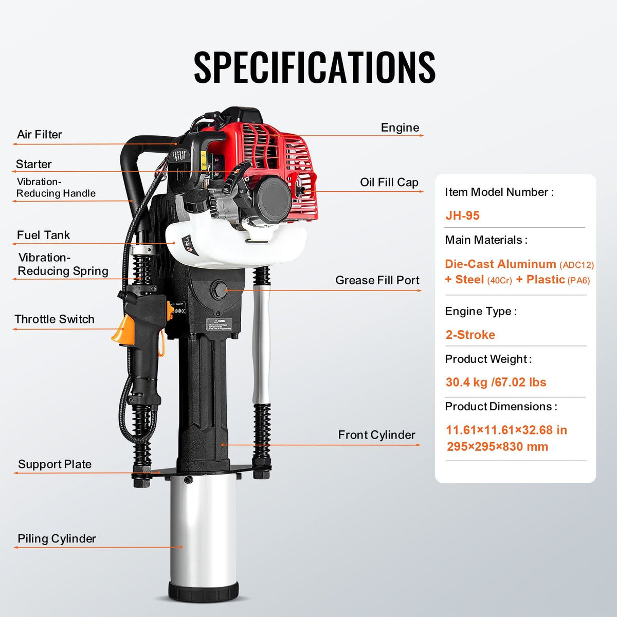52cc Gas-Powered T Post Driver, 2-Stroke Engine Gasoline Fence Piling Pounder, 1300W Portable Piledriver with 3 Post Driving Head(49/69/100 mm) , For Farm, Ranch Fencing, Road Improvements