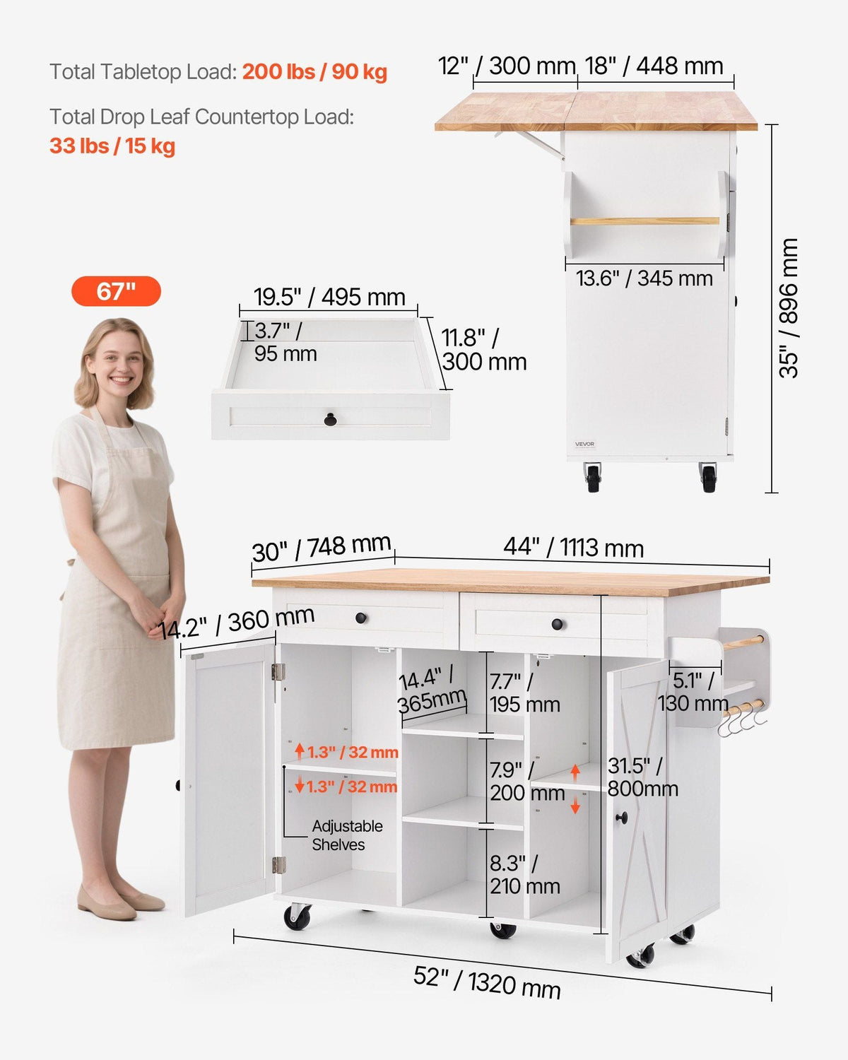 52in Kitchen Island Cart Rolling Storage Cabinet Table with Drawer Drop Leaf