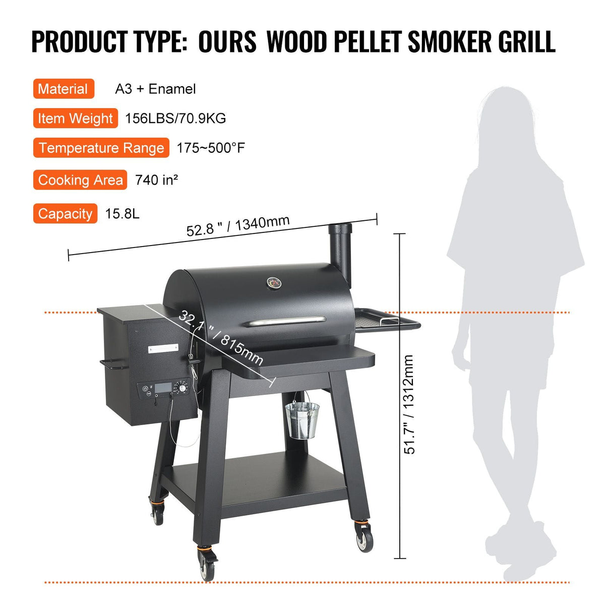 53 inch Portable Charcoal Grill, Propane Gas Grills with Cover and Cart, Heavy Duty Iron BBQ Grill, Mini Tabletop Smoker for Outdoor Cooking, Barbecue Camping, Picnic, Patio, and Backyard, Black