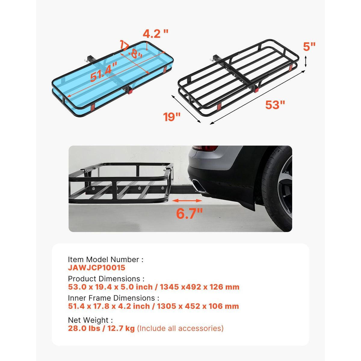53" x 19" x 5", Hitch Cargo Carrier, 500 lbs Capacity Hitch Cargo Carrier with Hitch Stabilizer & Ratchet Straps, Hitch Mount Cargo Carrier with Cargo Net with Hook, Fit for SUVs