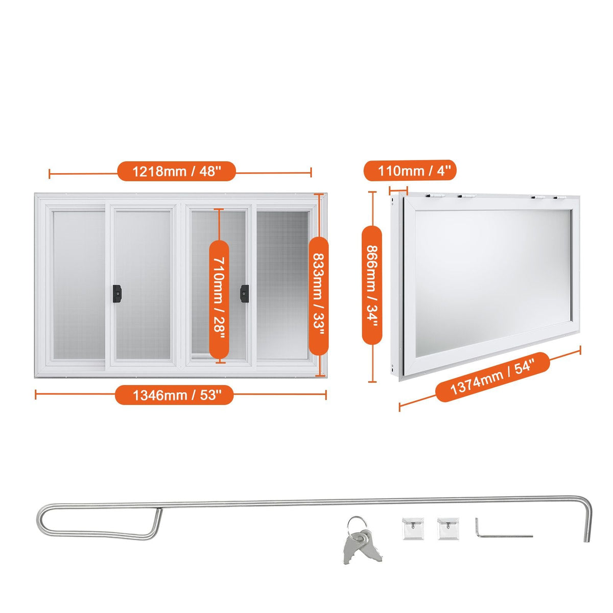 53"x33" Service Window, Aluminum Food Truck Serving Window with 4 Sliding Panels, Awning Door & Hook, Opens to 85 Degrees for Concession Trailers