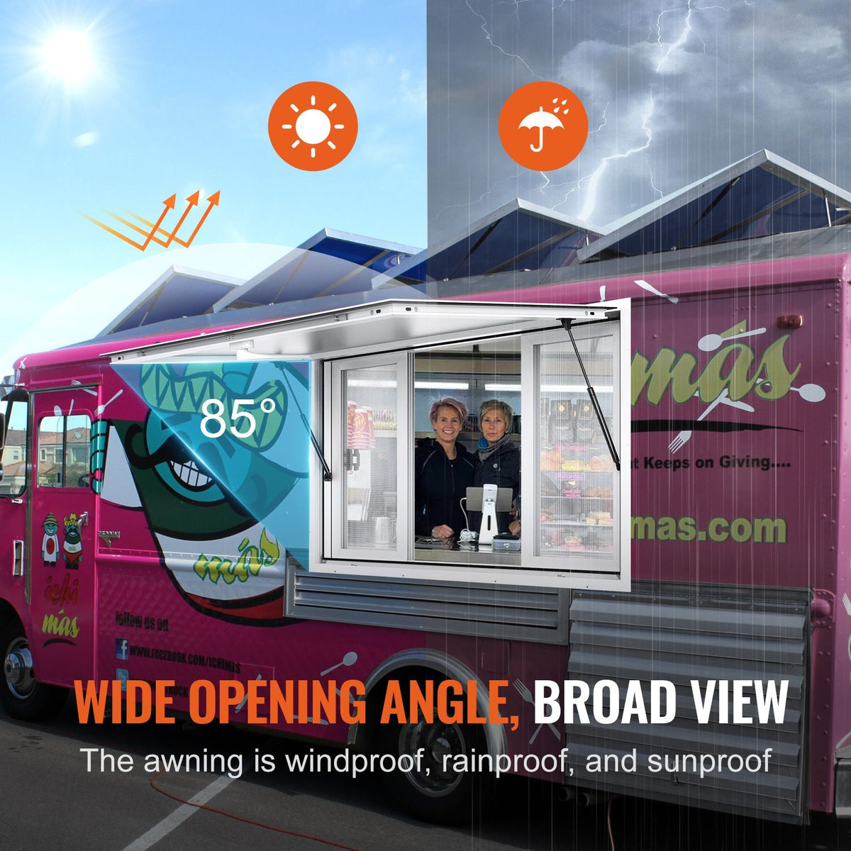 53"x33" Service Window, Aluminum Food Truck Serving Window with 4 Sliding Panels, Awning Door & Hook, Opens to 85 Degrees for Concession Trailers