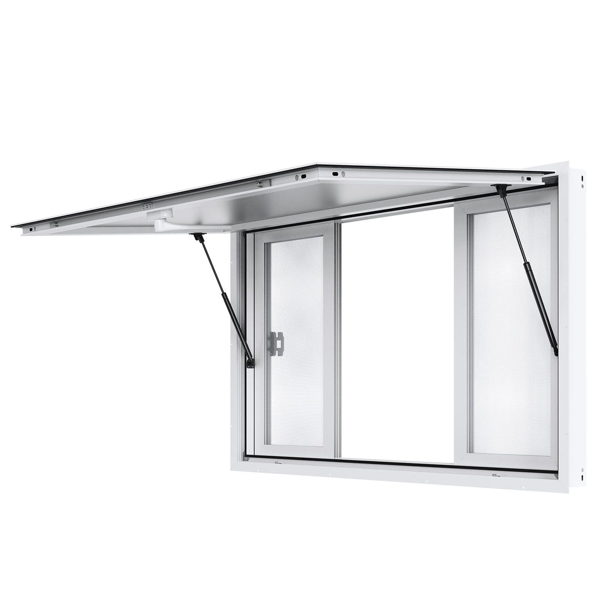 53"x33" Service Window, Aluminum Food Truck Serving Window with 4 Sliding Panels, Awning Door & Hook, Opens to 85 Degrees for Concession Trailers