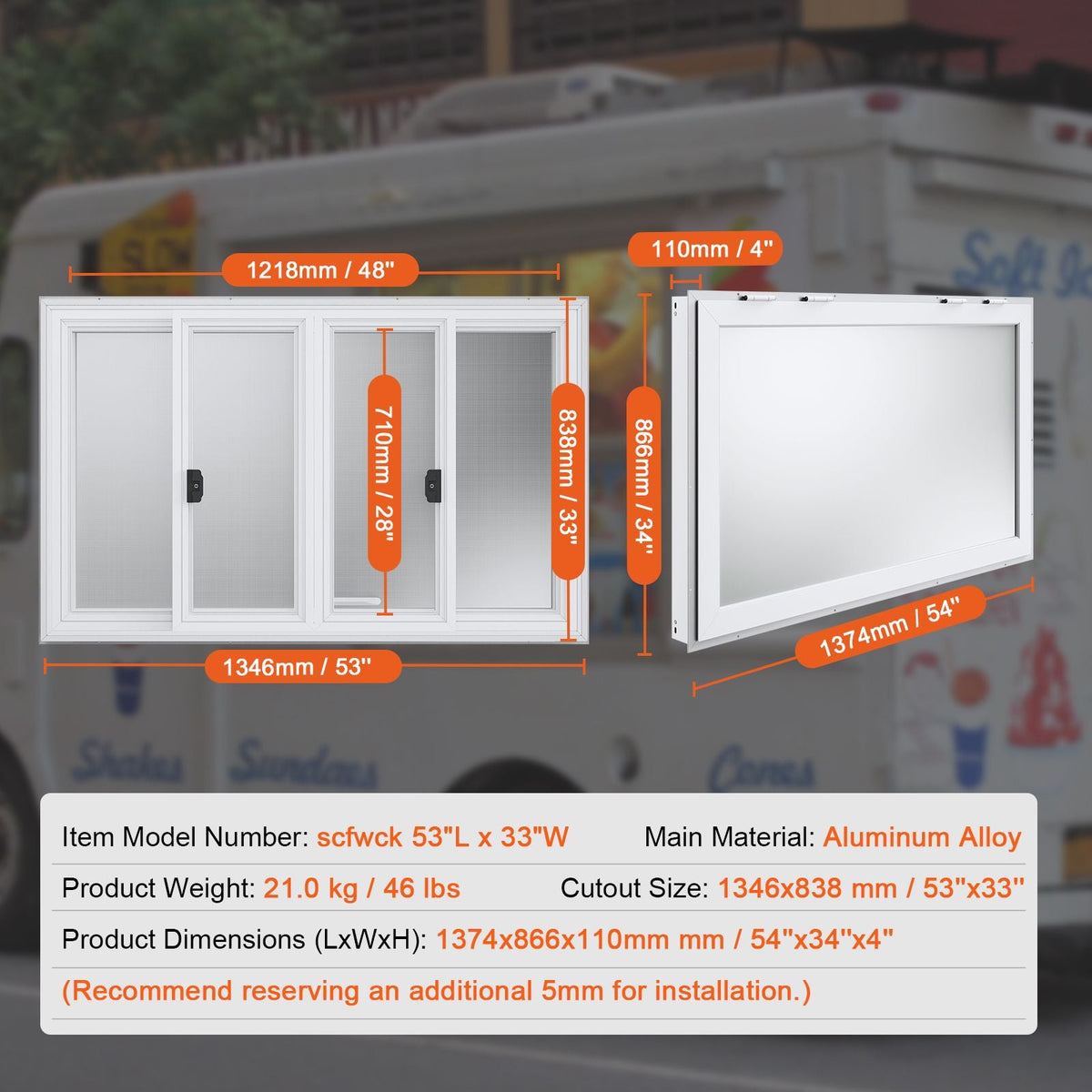 53"x33" Service Window, Aluminum Food Truck Serving Window with 4 Sliding Panels, Awning Door & Hook, Opens to 85 Degrees for Concession Trailers