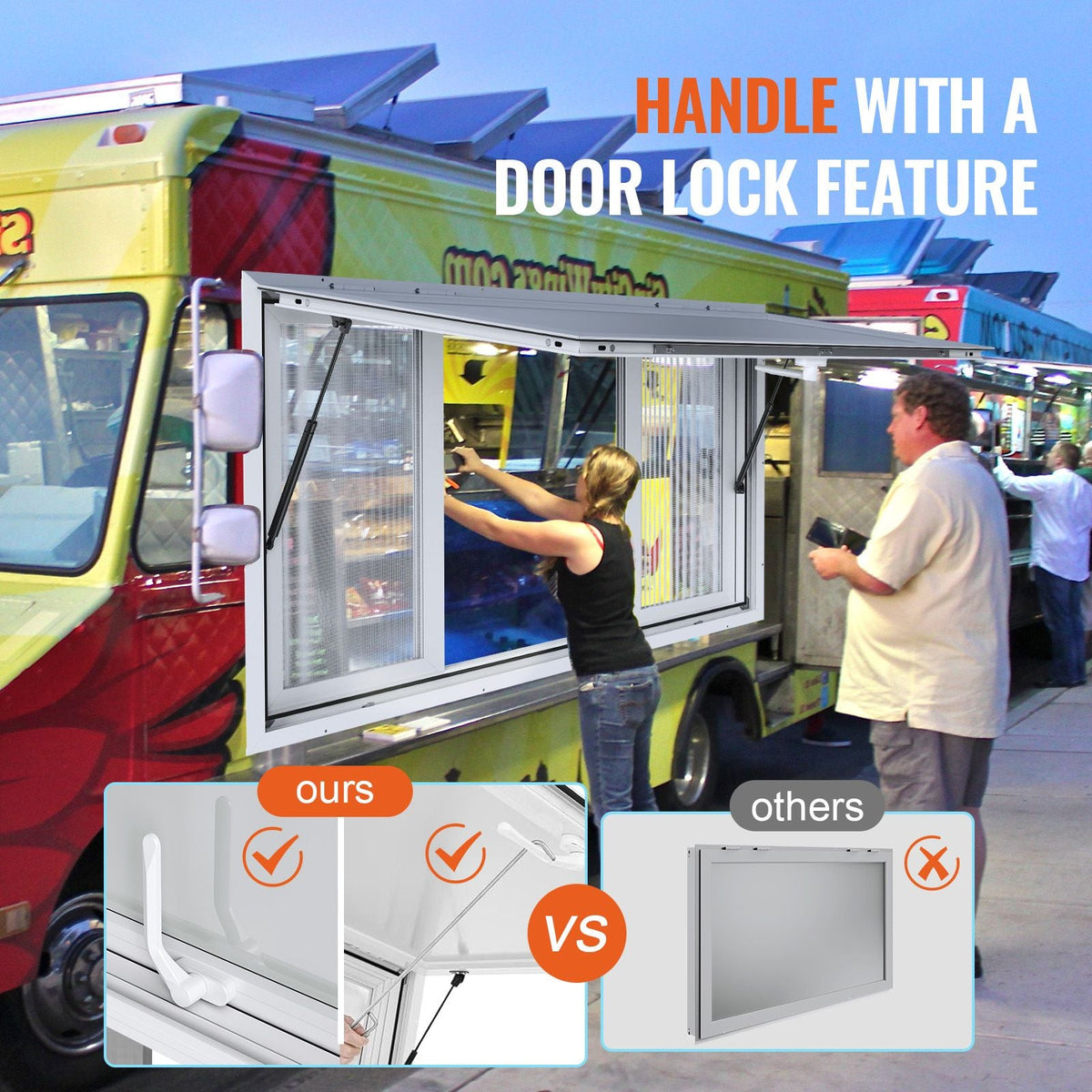 53"x33" Service Window, Aluminum Food Truck Serving Window with 4 Sliding Panels, Awning Door & Hook, Opens to 85 Degrees for Concession Trailers