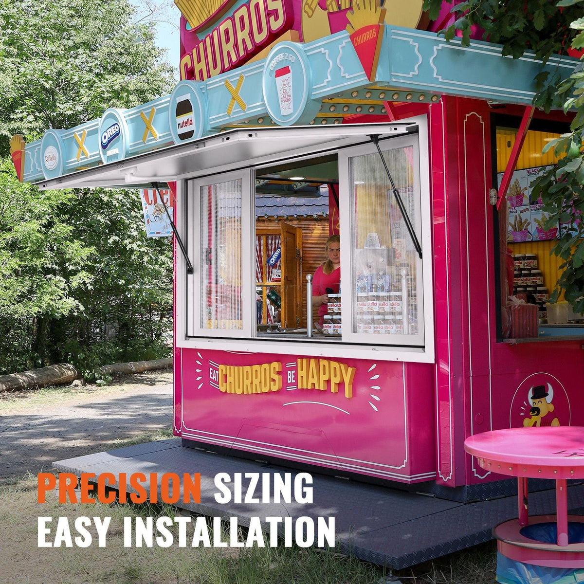 53"x33" Service Window, Aluminum Food Truck Serving Window with 4 Sliding Panels, Awning Door & Hook, Opens to 85 Degrees for Concession Trailers
