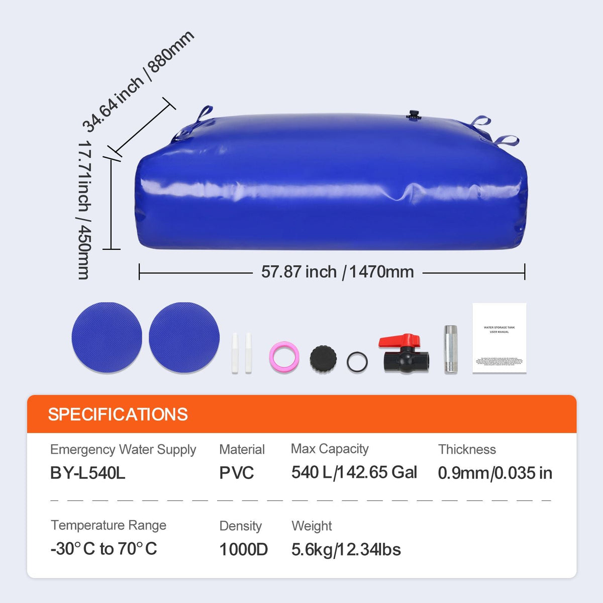 540L/142.7 Gallon Water Storage Bladder, RV Water Tank, 1000D Blue PVC Collapsible Water Storage Containers, Large Capacity Soft Water Bag, Portable Water Bladder, Fire Prevention, Camping
