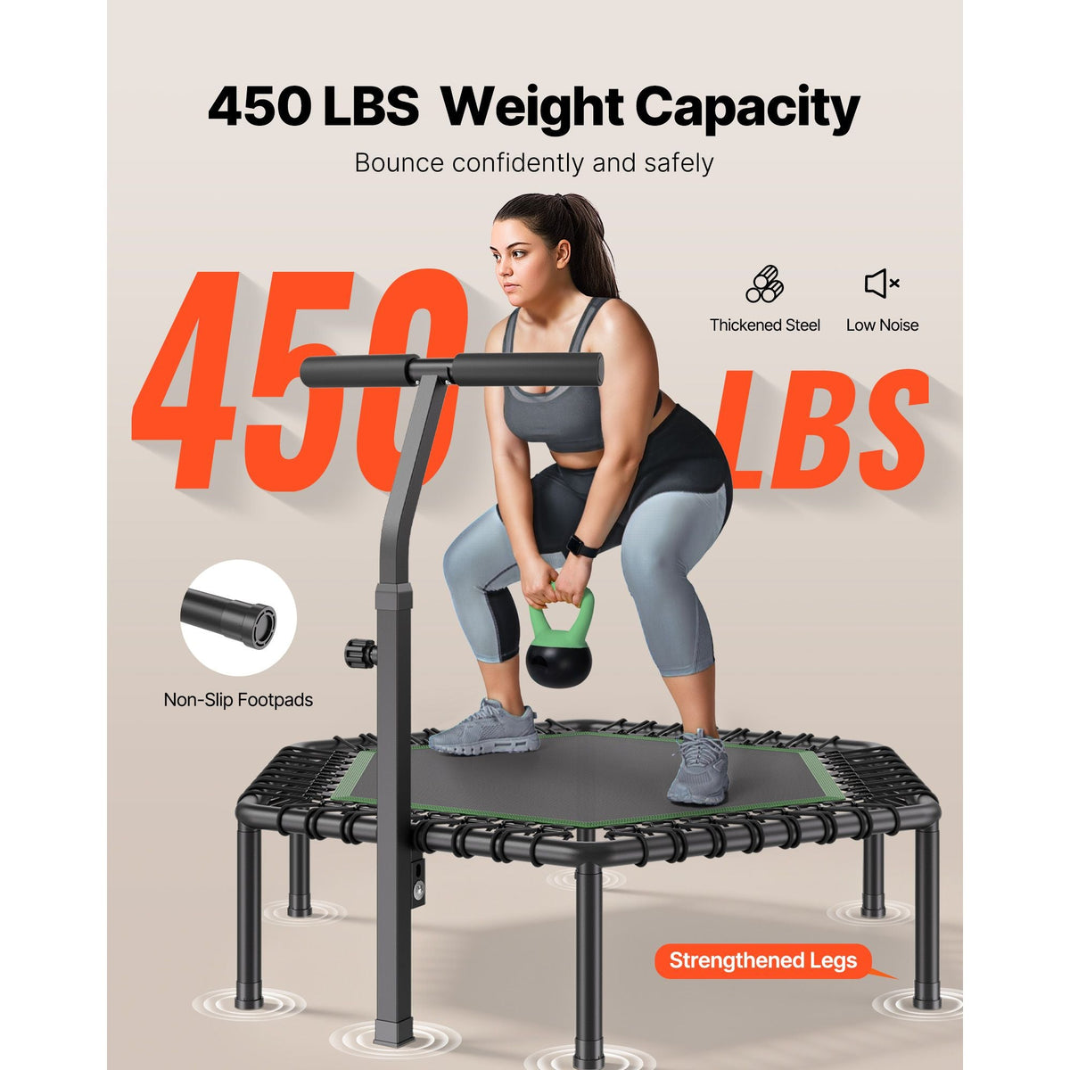 54.5 Inch Mini Trampoline, 450 lbs Max Load Fitness Rebounder, Stable & Quiet Small Trampoline with 3 Levels Height Adjustable & Foam Handle, Exercise Rebounder for Adults Indoor/Garden Workout