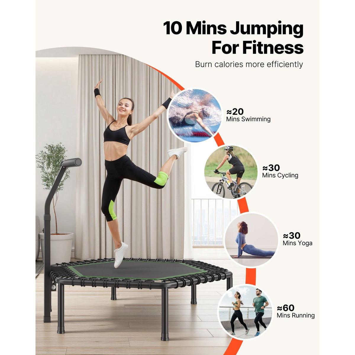 54.5 Inch Mini Trampoline, 450 lbs Max Load Fitness Rebounder, Stable & Quiet Small Trampoline with 3 Levels Height Adjustable & Foam Handle, Exercise Rebounder for Adults Indoor/Garden Workout
