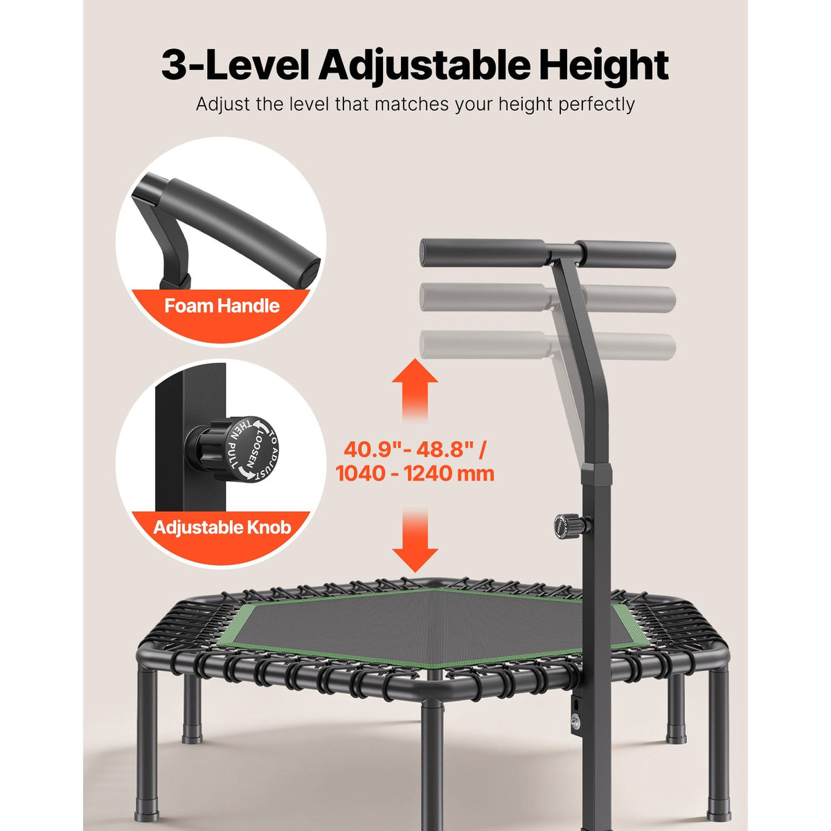 54.5 Inch Mini Trampoline, 450 lbs Max Load Fitness Rebounder, Stable & Quiet Small Trampoline with 3 Levels Height Adjustable & Foam Handle, Exercise Rebounder for Adults Indoor/Garden Workout