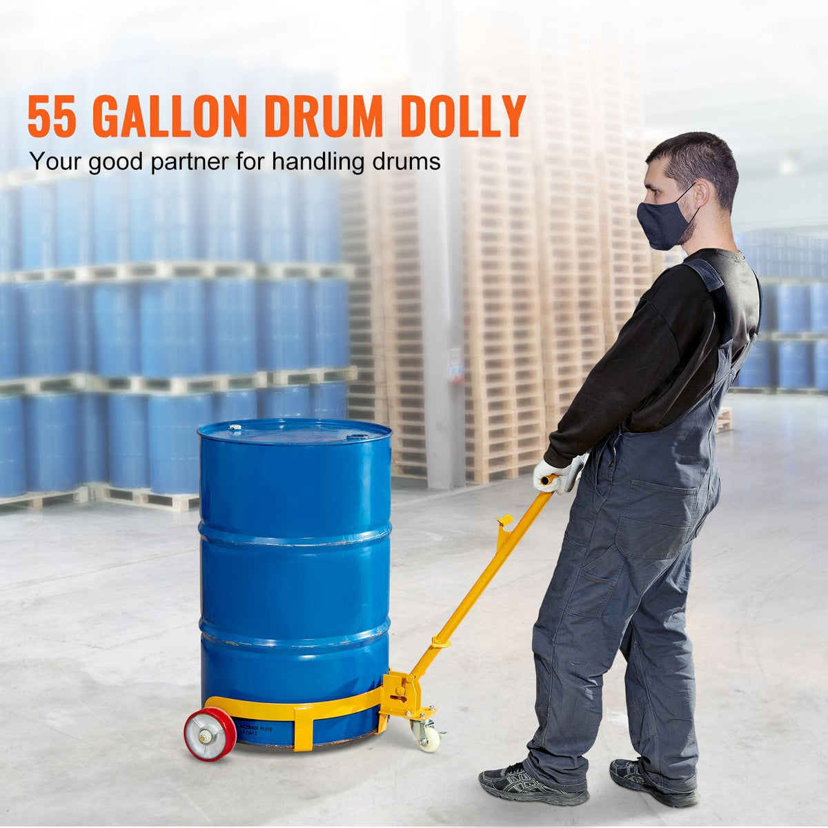 55 Gallon Drum Dolly, 1200 lbs Load Capacity, Barrel Dolly Cart Drum Caddy Round Dolly Steel Low Profile, Heavy Duty Steel Frame with Adjustable Handle 3 Wheels, for Workshop Factory Warehouse