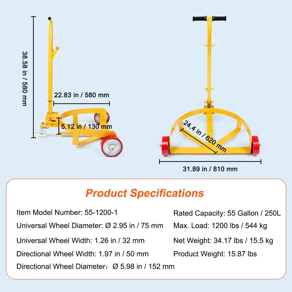 55 Gallon Drum Dolly, 1200 lbs Load Capacity, Barrel Dolly Cart Drum Caddy Round Dolly Steel Low Profile, Heavy Duty Steel Frame with Adjustable Handle 3 Wheels, for Workshop Factory Warehouse