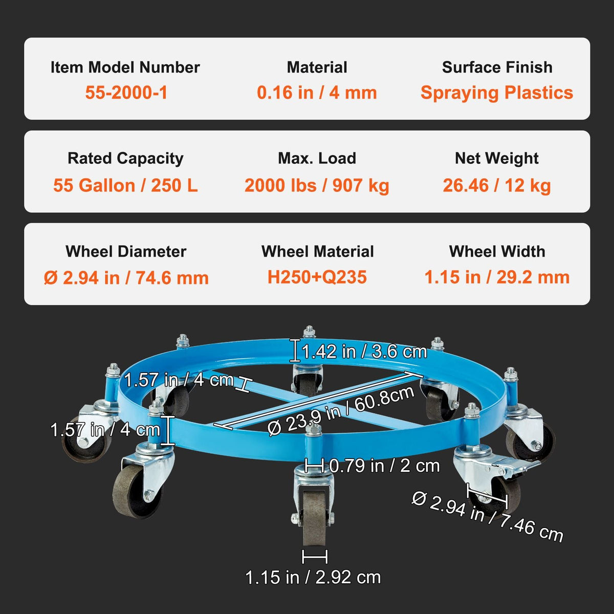 55 Gallon Heavy Duty Drum Dolly, 2000lbs Load Capacity, Barrel Dolly Cart Drum Caddy, Non Tipping Hand Truck Capacity Dollies with Steel Frame 8 Swivel Casters Wheel, for Warehouse Drum Handling