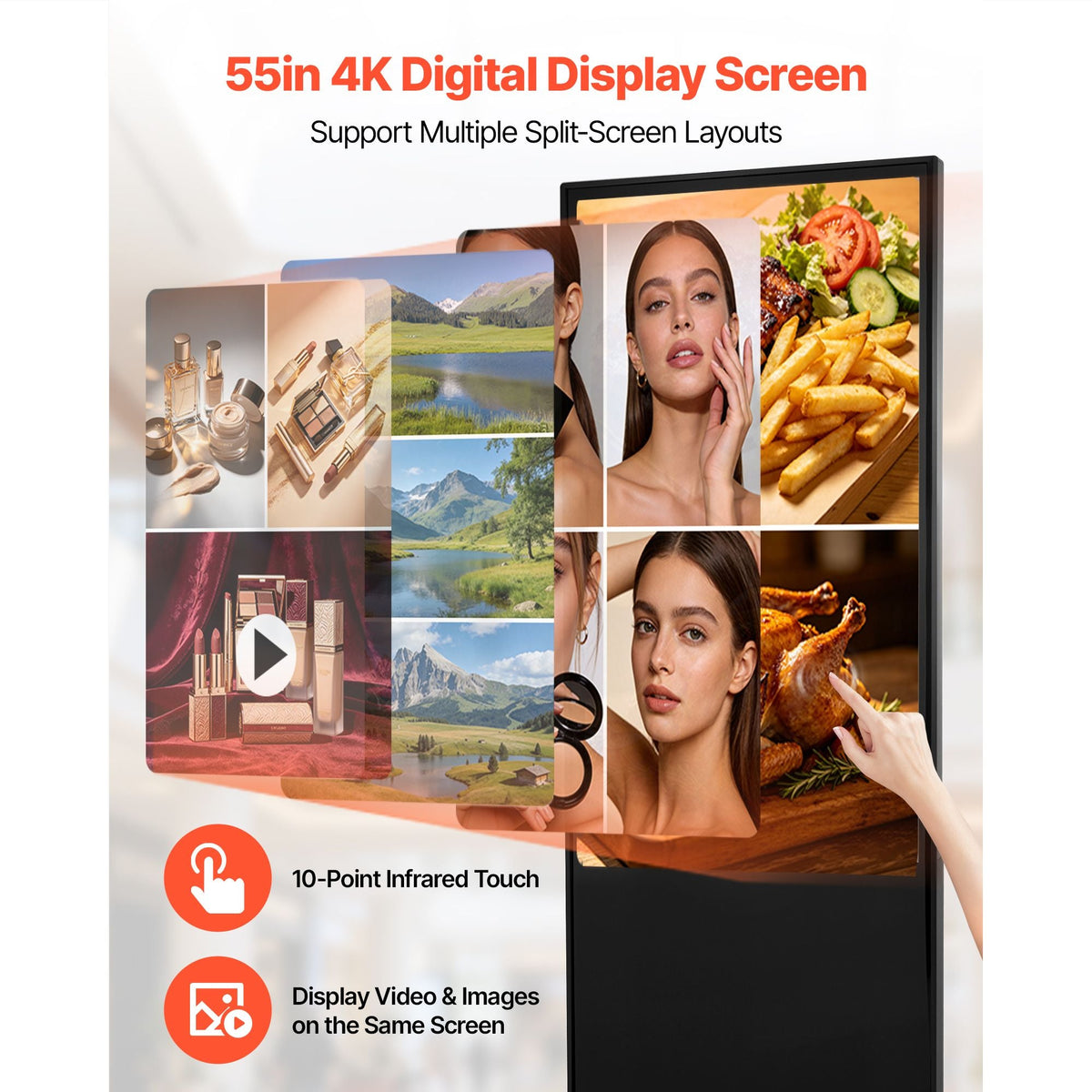 55 in Indoor Digital Signage 4K Floor Stand Advertising Display Kiosk, WiFi HDMI/USB Input Android OS, 178° Wide View, LCD Touchscreen Interactive Monitor, Mobile Commercial Totem Poster