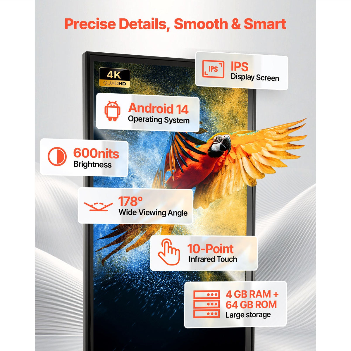 55 in Indoor Digital Signage 4K Floor Stand Advertising Display Kiosk, WiFi HDMI/USB Input Android OS, 178° Wide View, LCD Touchscreen Interactive Monitor, Mobile Commercial Totem Poster