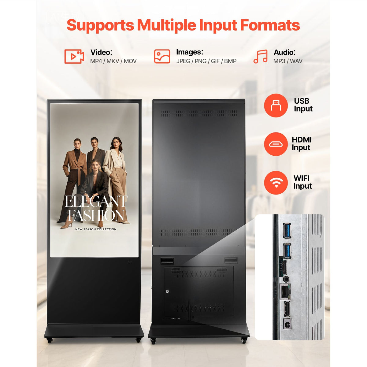 55 in Indoor Digital Signage 4K Floor Stand Advertising Display Kiosk, WiFi HDMI/USB Input Android OS, 178° Wide View, LCD Touchscreen Interactive Monitor, Mobile Commercial Totem Poster