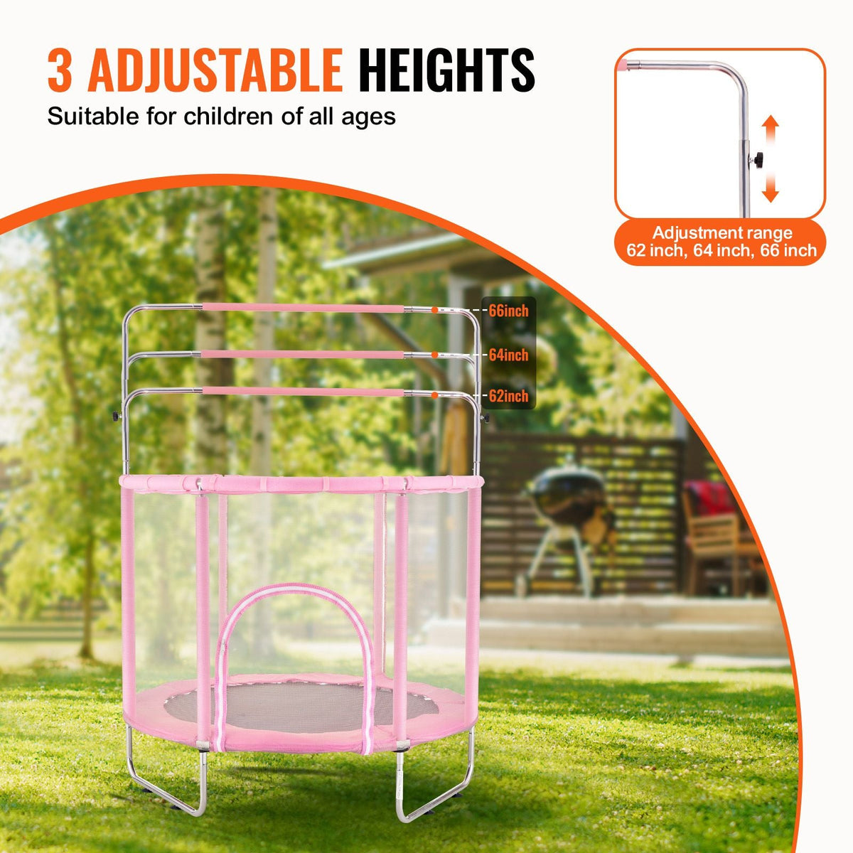 55" Kids Trampoline, 4.6FT Indoor Outdoor Trampoline, Mini Toddler Recreational Trampolinewith Safety Enclosure Net and Basketball Hoop, Birthday Gifts Christmas Toys for 3+ Years Children, Pink