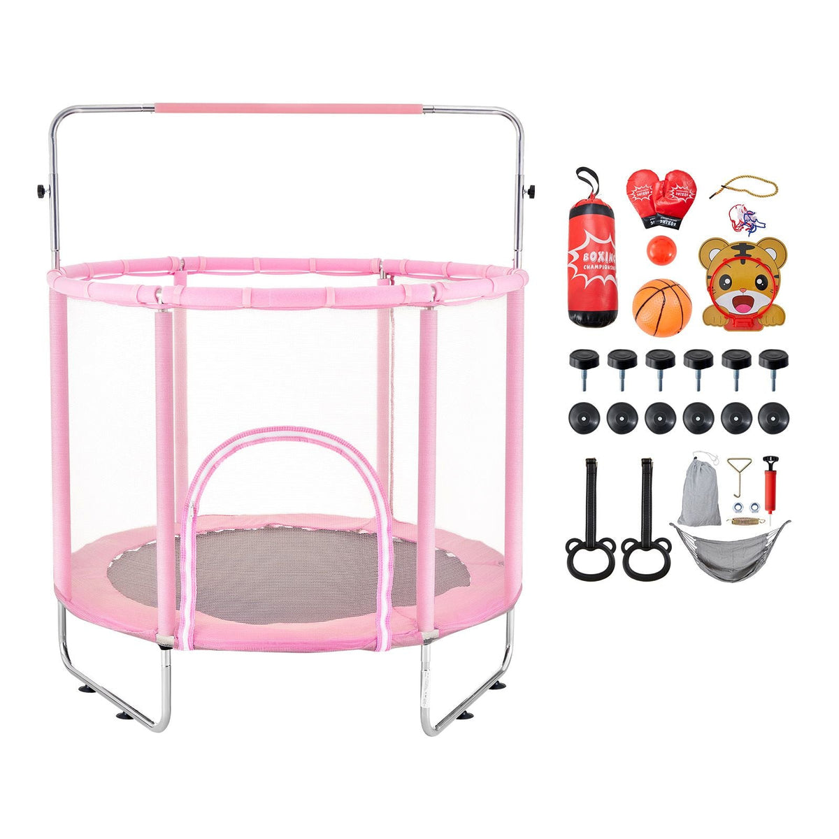 55" Kids Trampoline, 4.6FT Indoor Outdoor Trampoline, Mini Toddler Recreational Trampolinewith Safety Enclosure Net and Basketball Hoop, Birthday Gifts Christmas Toys for 3+ Years Children, Pink