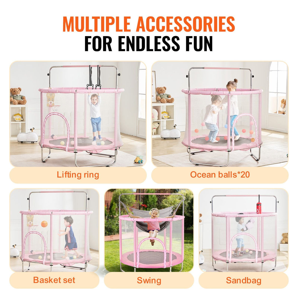 55" Kids Trampoline, 4.6FT Indoor Outdoor Trampoline, Mini Toddler Recreational Trampolinewith Safety Enclosure Net and Basketball Hoop, Birthday Gifts Christmas Toys for 3+ Years Children, Pink