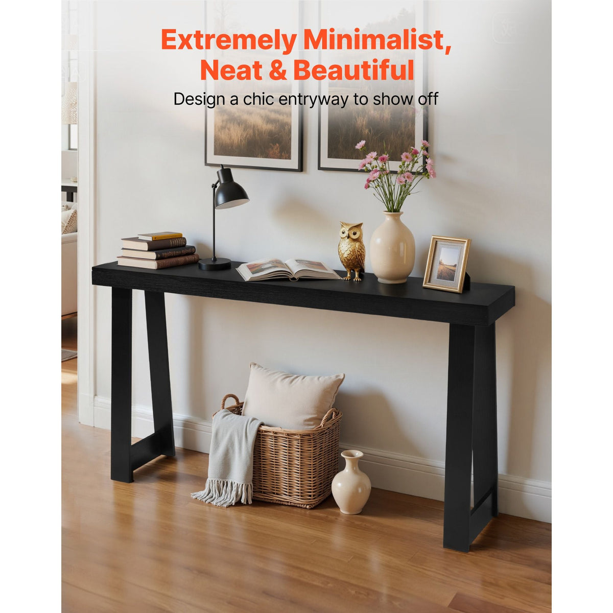 56 in Console Table, Modern Desk Behind the Couch, Wooden Rectangle Entrance Desk, Narrow Long Sofa Table Accent Stand, Ideal for Hallway, Bedroom, Living Room, Foyer, Easy Assembly, Black