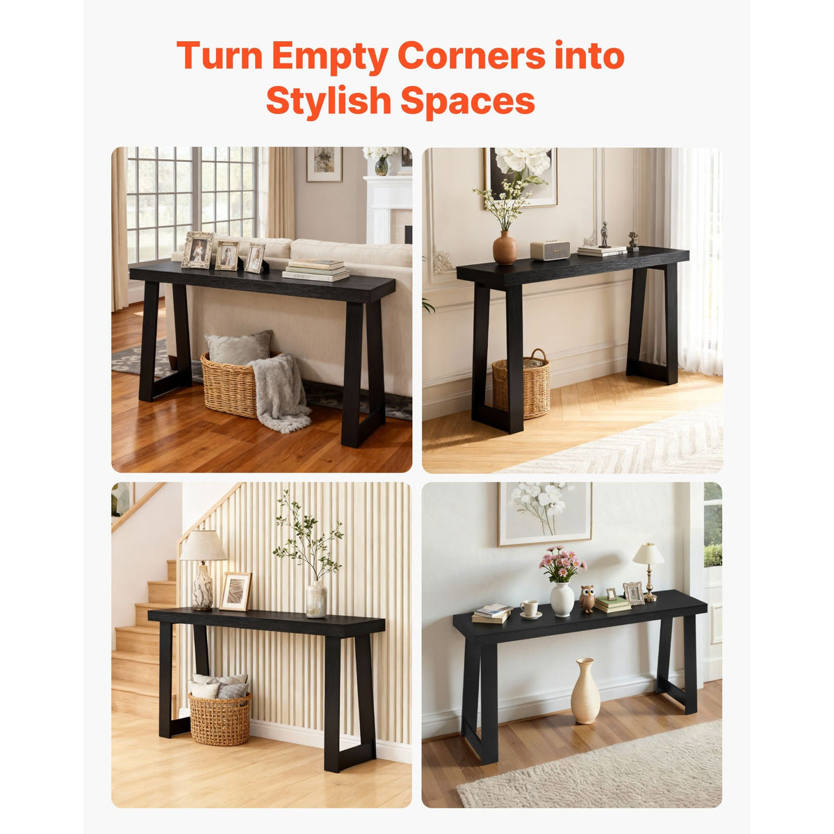 56 in Console Table, Modern Desk Behind the Couch, Wooden Rectangle Entrance Desk, Narrow Long Sofa Table Accent Stand, Ideal for Hallway, Bedroom, Living Room, Foyer, Easy Assembly, Black