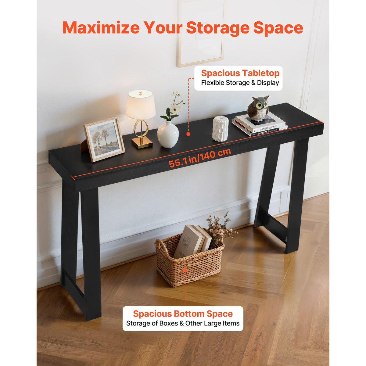 56 in Console Table, Modern Desk Behind the Couch, Wooden Rectangle Entrance Desk, Narrow Long Sofa Table Accent Stand, Ideal for Hallway, Bedroom, Living Room, Foyer, Easy Assembly, Black