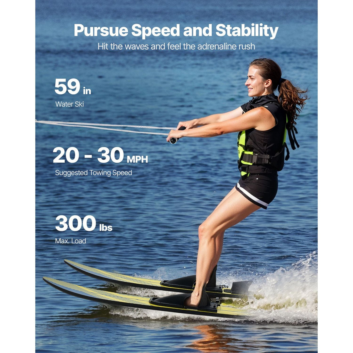59" Water Skis, Adult Water Ski with X-7 Adjustable Horseshoe Bindings & Padded Rear Toe Plate, High-gloss UV Coating Waterskis Combo for Adults Up to 300 lbs
