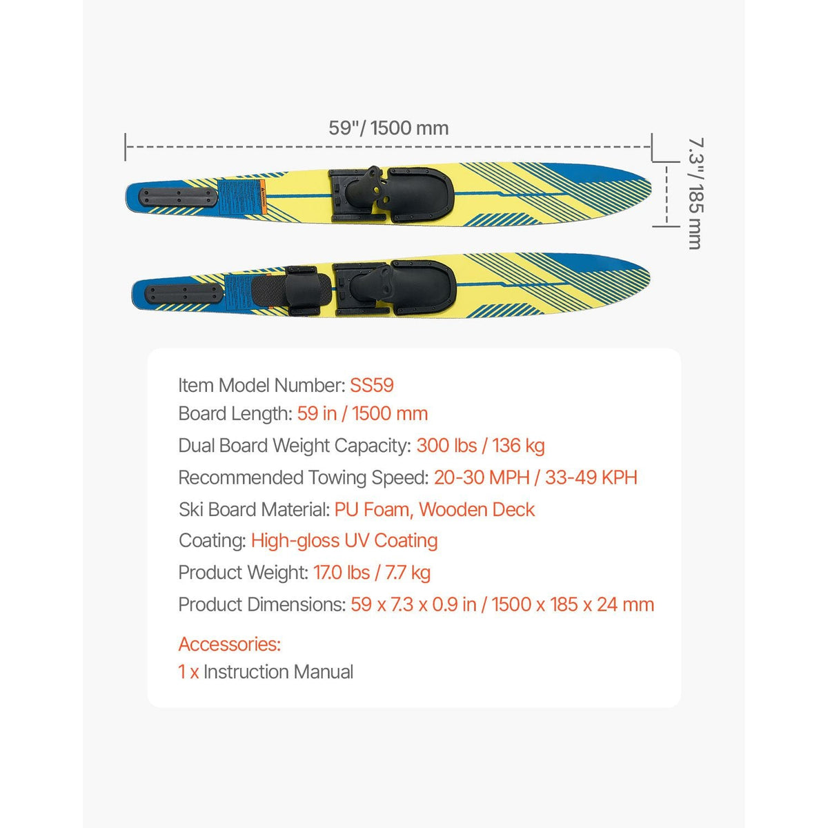 59" Water Skis, Adult Water Ski with X-7 Adjustable Horseshoe Bindings & Padded Rear Toe Plate, High-gloss UV Coating Waterskis Combo for Adults Up to 300 lbs