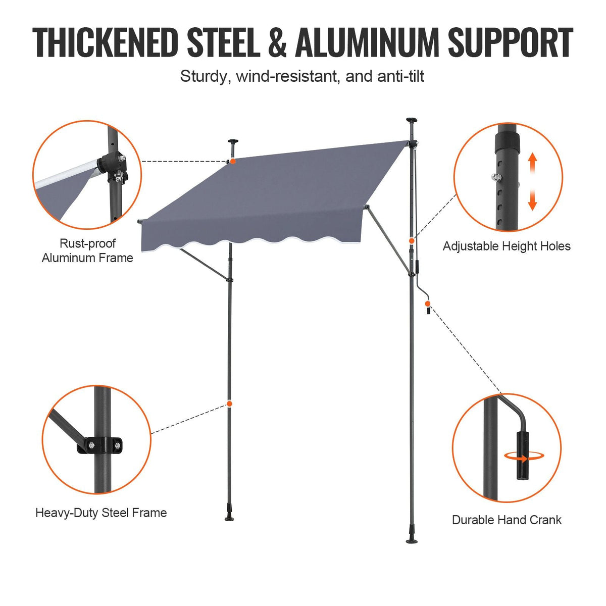 59 x 47" Patio Awning Retractable, Awning Sunshade Shelter with Manual Crank Handle, Outdoor Patio Canopy Sunsetter Deck, Adjustable Height from 86 to 122 in, for Patio/Balcony/Yard, Dark Gray