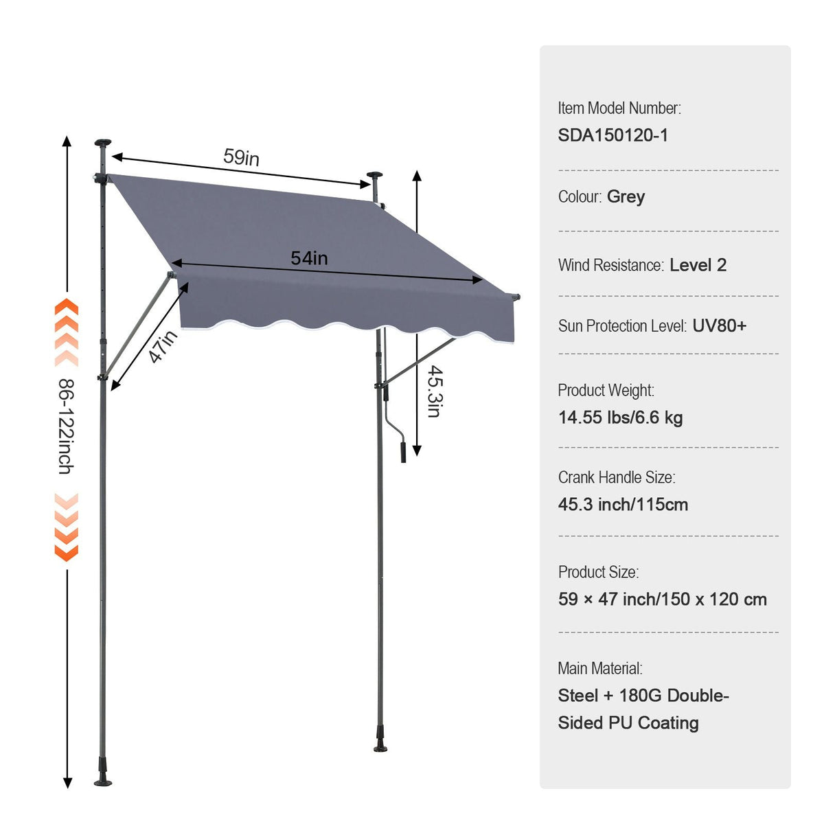 59 x 47" Patio Awning Retractable, Awning Sunshade Shelter with Manual Crank Handle, Outdoor Patio Canopy Sunsetter Deck, Adjustable Height from 86 to 122 in, for Patio/Balcony/Yard, Dark Gray