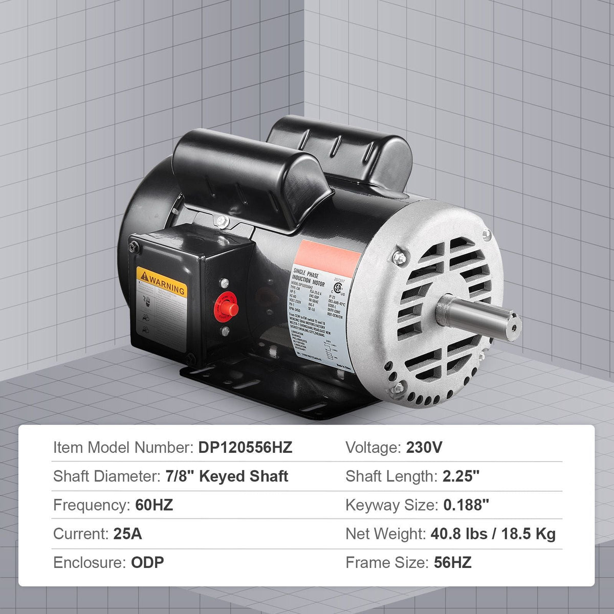 5HP Air Compressor Electric Motor, 230V 25 Amps, 56HZ Frame 3450RPM, 7/8" Keyed Shaft, 2.25" Shaft Length, Single Phase, CCW/CW (Factory Setting is CCW)