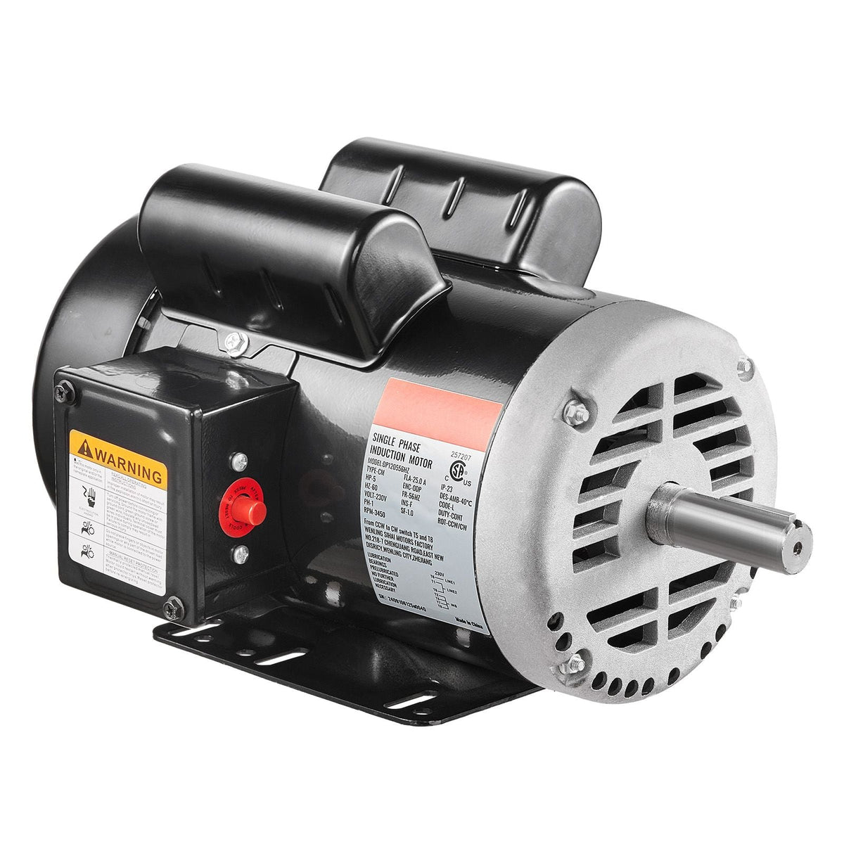 5HP Air Compressor Electric Motor, 230V 25 Amps, 56HZ Frame 3450RPM, 7/8" Keyed Shaft, 2.25" Shaft Length, Single Phase, CCW/CW (Factory Setting is CCW)