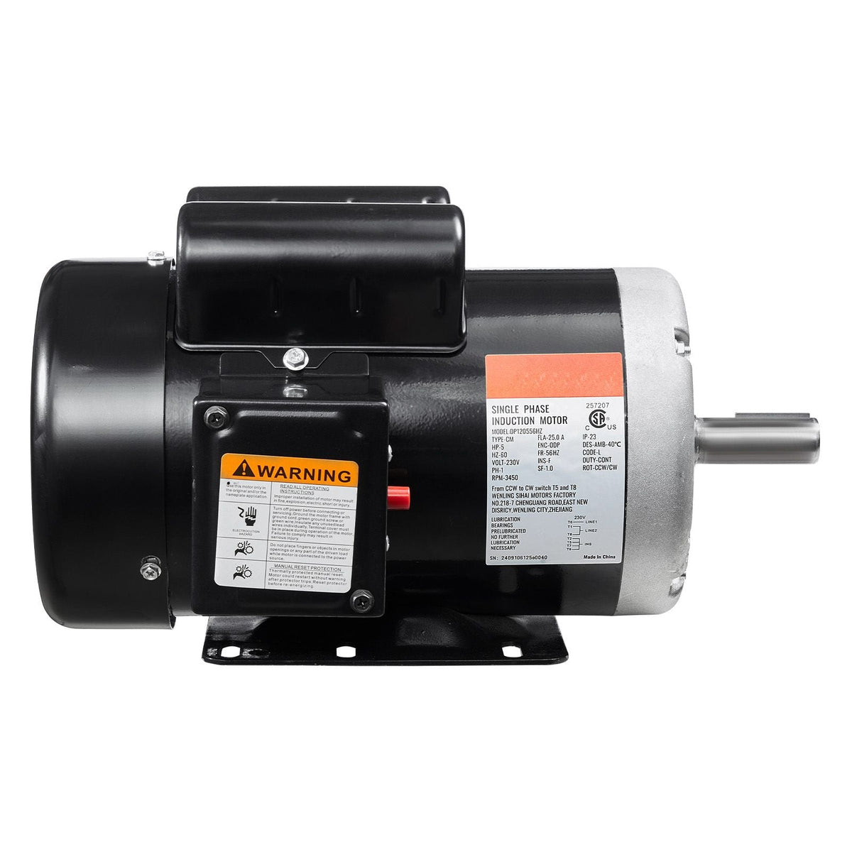 5HP Air Compressor Electric Motor, 230V 25 Amps, 56HZ Frame 3450RPM, 7/8" Keyed Shaft, 2.25" Shaft Length, Single Phase, CCW/CW (Factory Setting is CCW)