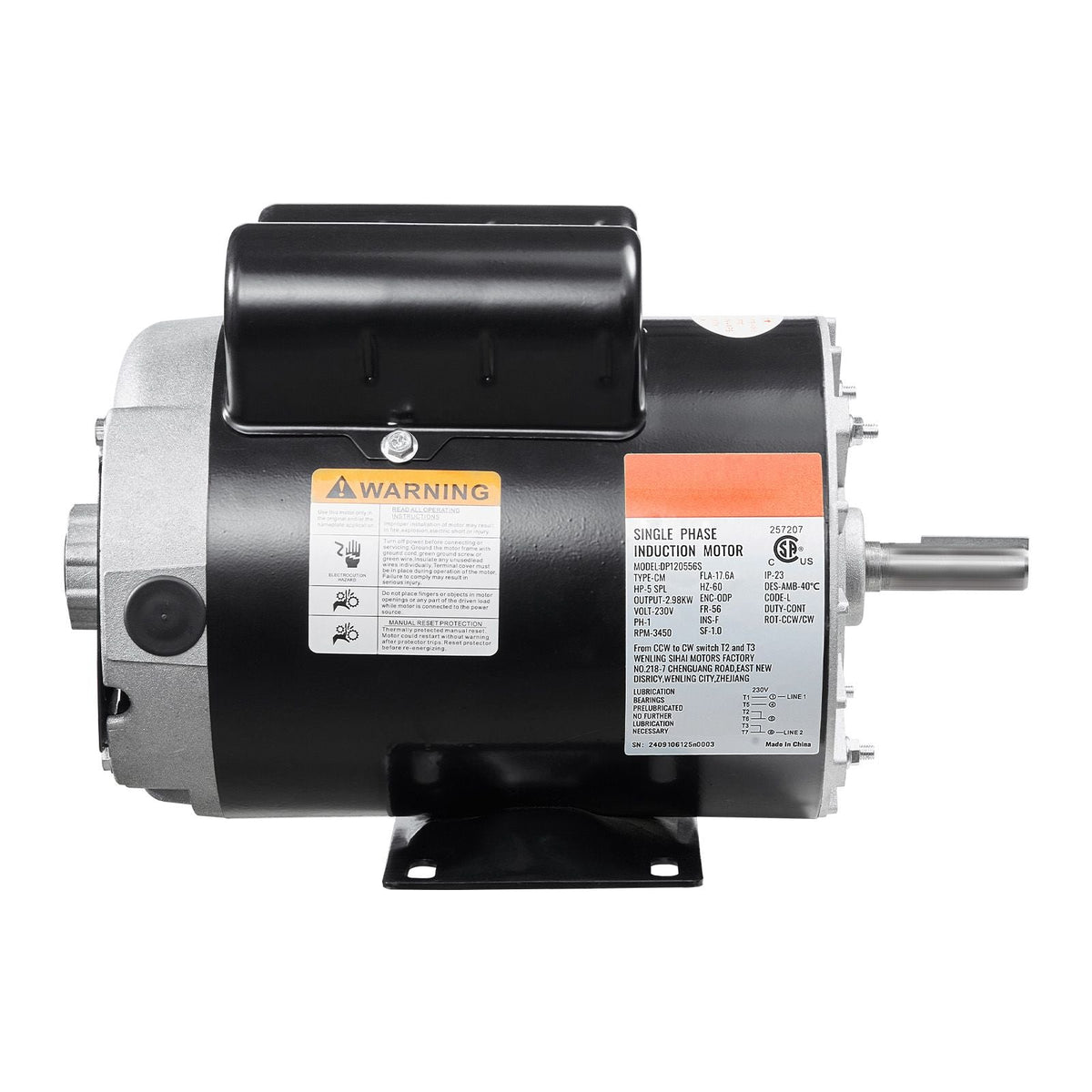 5HP SPL Air Compressor Electric Motor, 230V 17.6Amps, 56 Frame 3450RPM, 5/8" Keyed Shaft, 1.88" Shaft Length, CW/CCW Rotation (Factory Setting is CCW), Single Phase