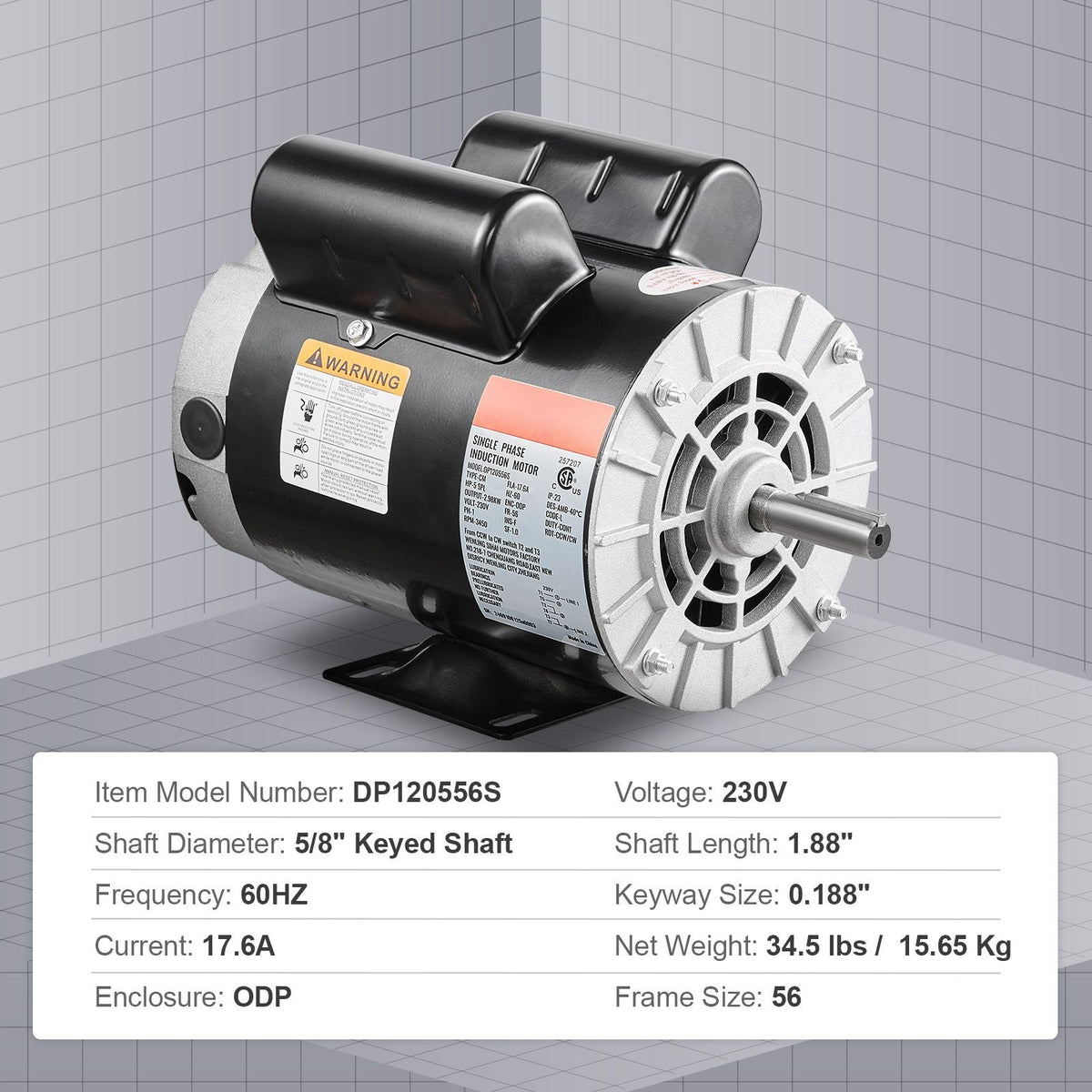 5HP SPL Air Compressor Electric Motor, 230V 17.6Amps, 56 Frame 3450RPM, 5/8" Keyed Shaft, 1.88" Shaft Length, CW/CCW Rotation (Factory Setting is CCW), Single Phase