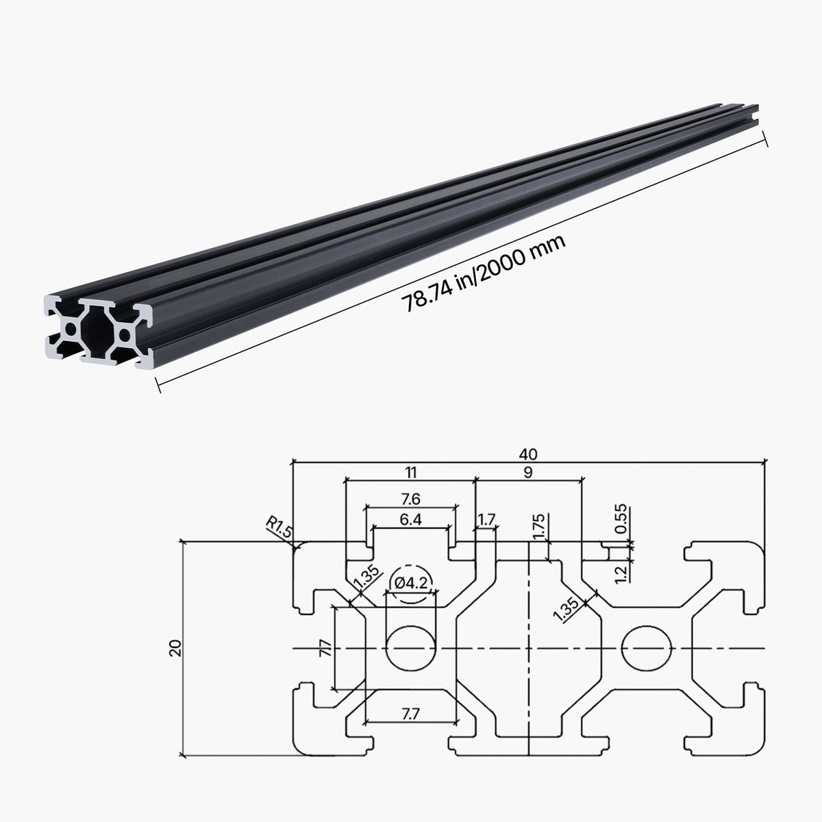 5PCS 78.7 in (2000mm) T Slot 2040 Aluminum Extrusion Profile, European Standard Anodized Linear Rail, High-Strength Extruded Aluminum Rail for 3D Printer, CNC Machine DIY, Laser Engraving, Black